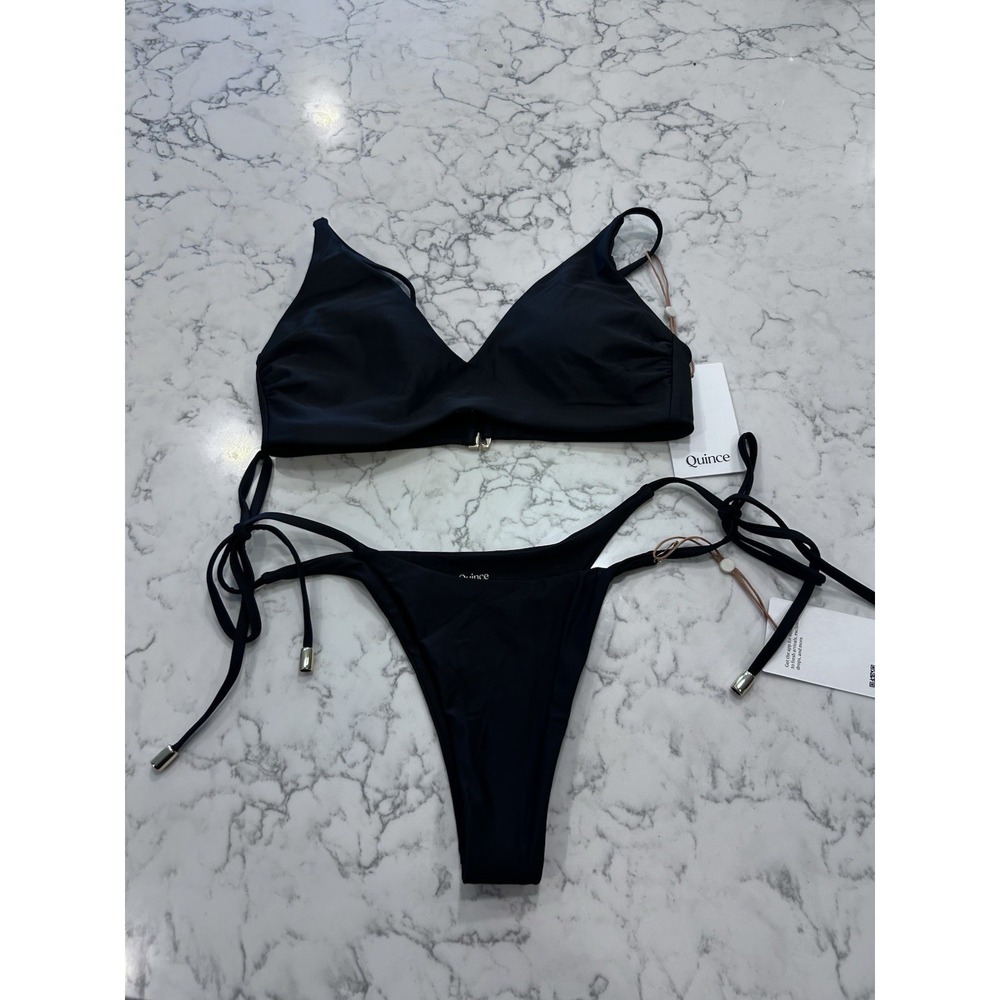 NWT Quince Black Italian V Neck Bikini Top & Adjustable Side-Tie Bikini Bottom S